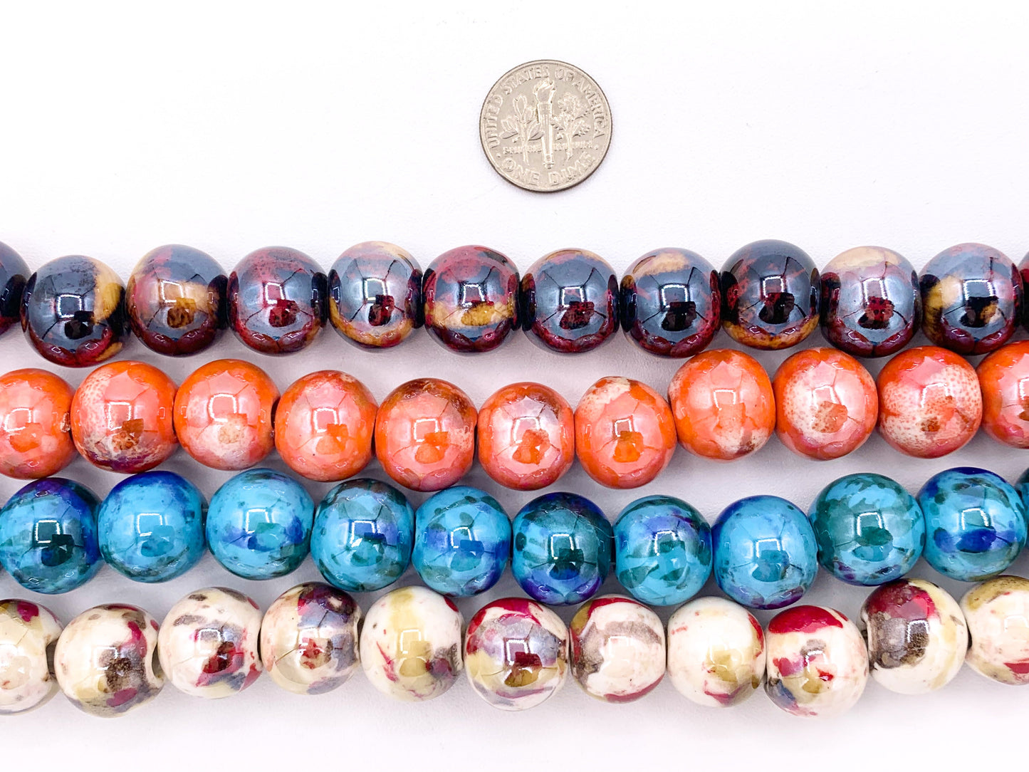14mm Electroplated Ceramic Porcelain Large Hole Round Shiny Glossy Beads For Jewelry Making In Tortoise, Orange, Blue & Cream Around 11-12"