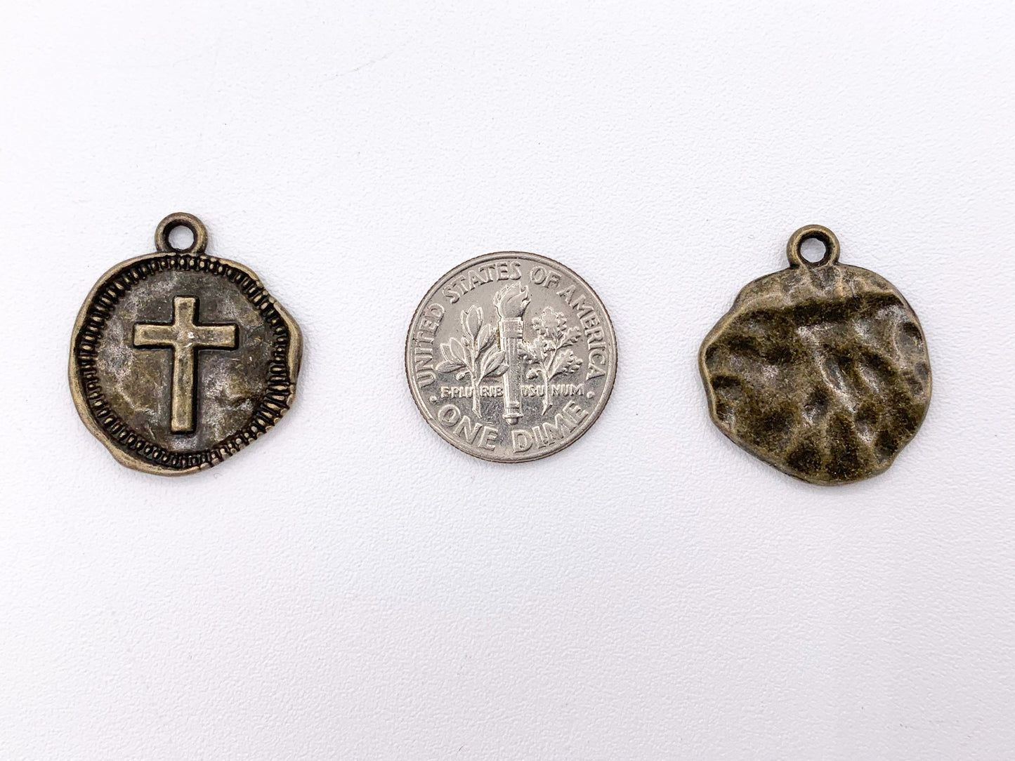 19mm Pewter Small Free Formed Cross Coin Charms in Antique Gold, Shiny Gold, Silver, Bronze, Copper, Gunmetal & Blue Patina