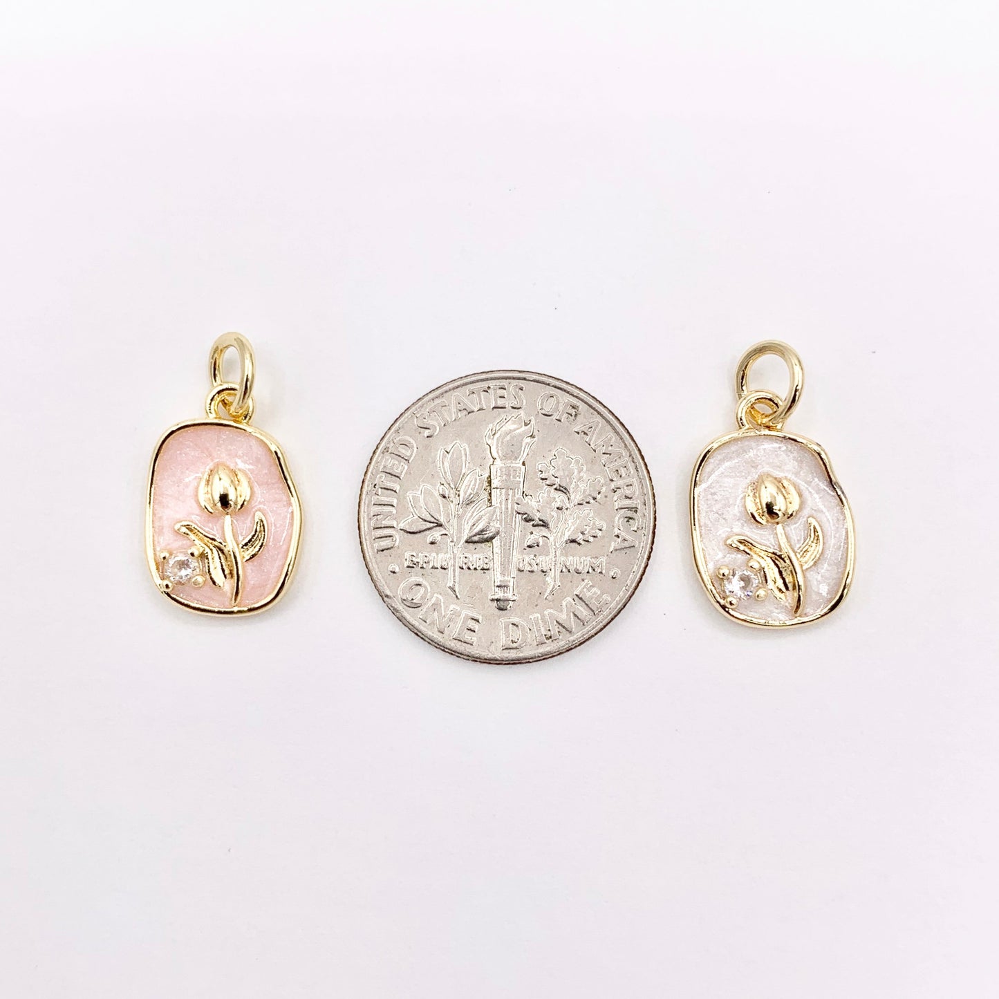 White & Pink Acetate CZ Pave Tulip Flower in Oval Pendant in Real Gold 18K Plated Over Copper 10 PCS