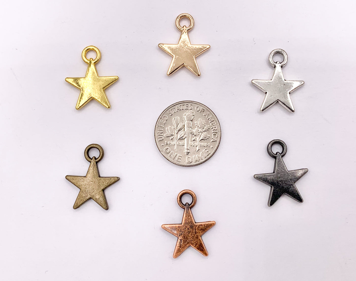 14mm Pewter Star Charms in Rosy Gold, Gold, Silver, Brass, Copper, Gunmetal