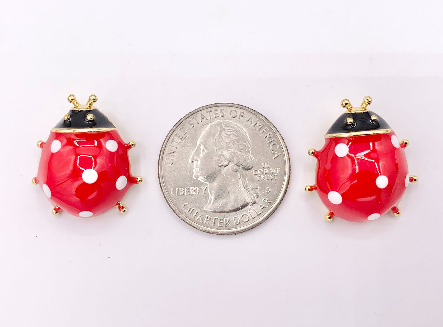 Cute Red Enamel Ladybug Charms 3D Puffy Charms in 18K Gold Plated Over Copper 5 PCS