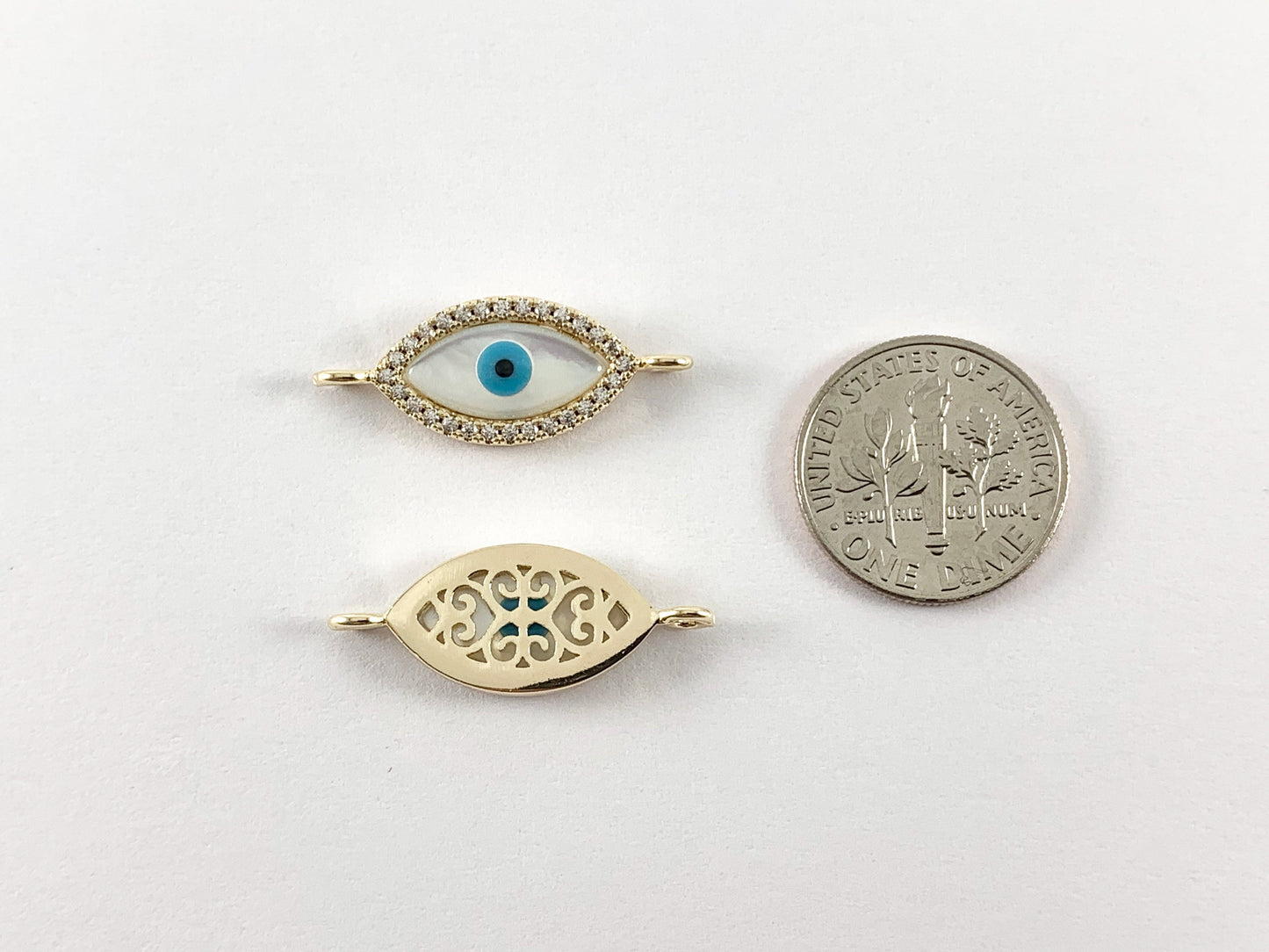 Real 18K Gold Plated CZ Pave Evil Eye Connector with White Lip Shell 4PCS