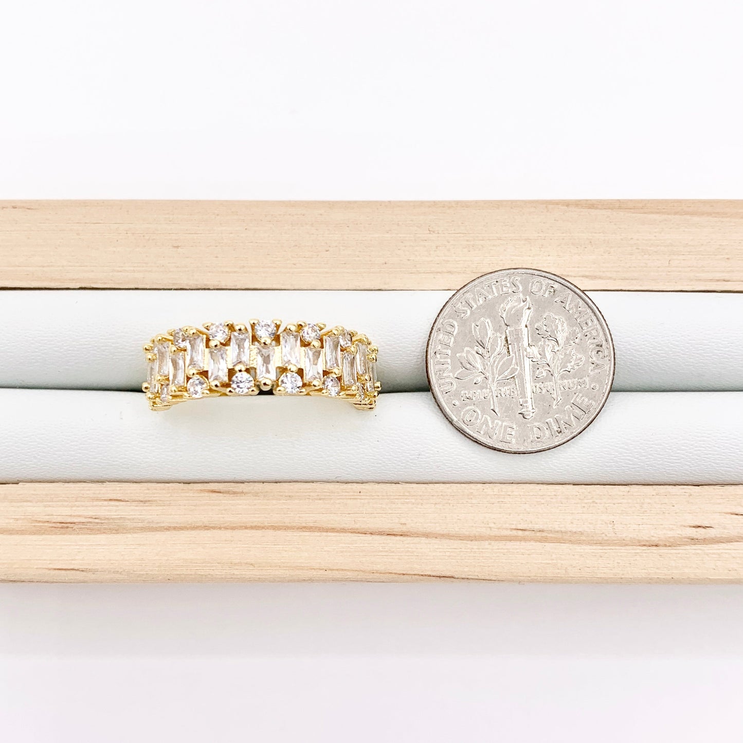 Glamourous Rhinestone Bridal Style Adjustable Baguette Rings in 18K Gold Plated Copper 4 PCS