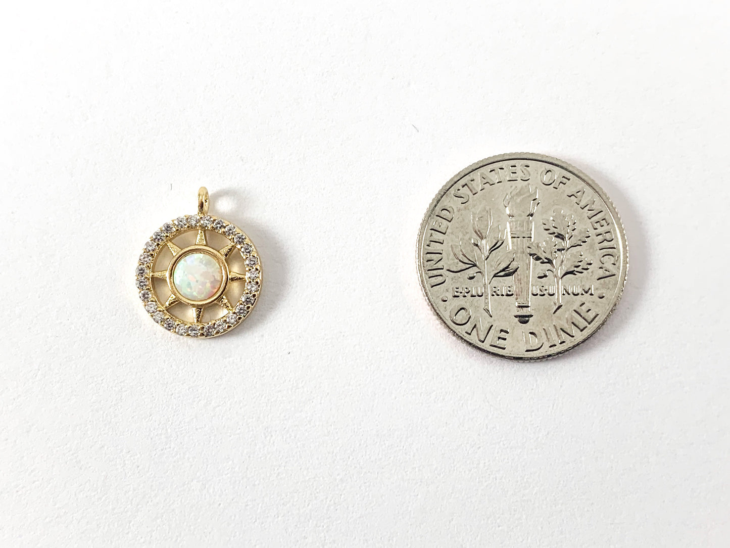 Real Gold 18K Plated CZ Pave Coin Charm Pendant with Japanese Opal 6PCS