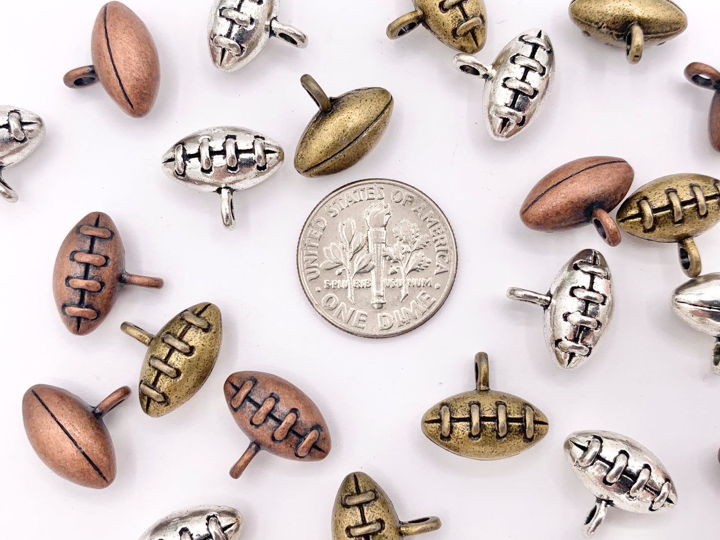 11x13mm Pewter Puffy Tiny Football Charms Small Curved Sports Charms Bulk Order in Silver, Copper and Brass 125G