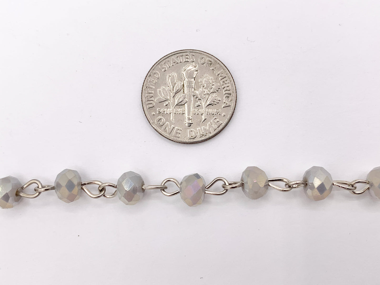 Light Gray AB Crystal Rondelle Faceted Rosary Beaded Chain With Silver Wire By Spool 6mm