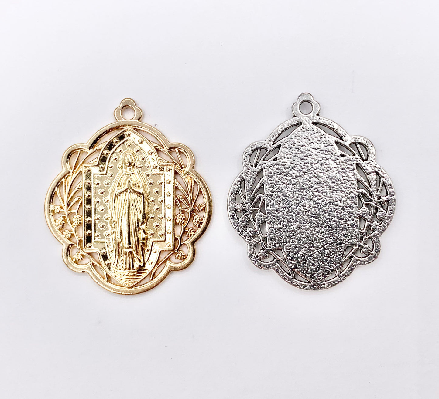 29mm Pewter Miraculous Virgin Mary Charm Ornate Catholic Pendant in Gold, Silver, Bronze, Copper, Gunmetal, Green & Blue Patina