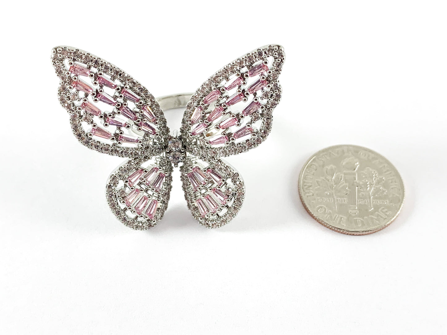 Platinum Plated Copper CZ Pave Pink Large Butterfly Adjustable Ring 3PCS