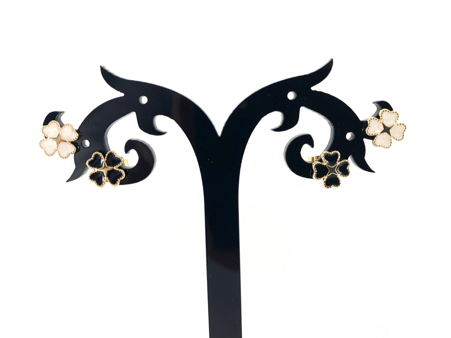 Real 18K Gold Plated Enamel Quatrefoil Clover Earring Stud Over Copper 5 Pairs