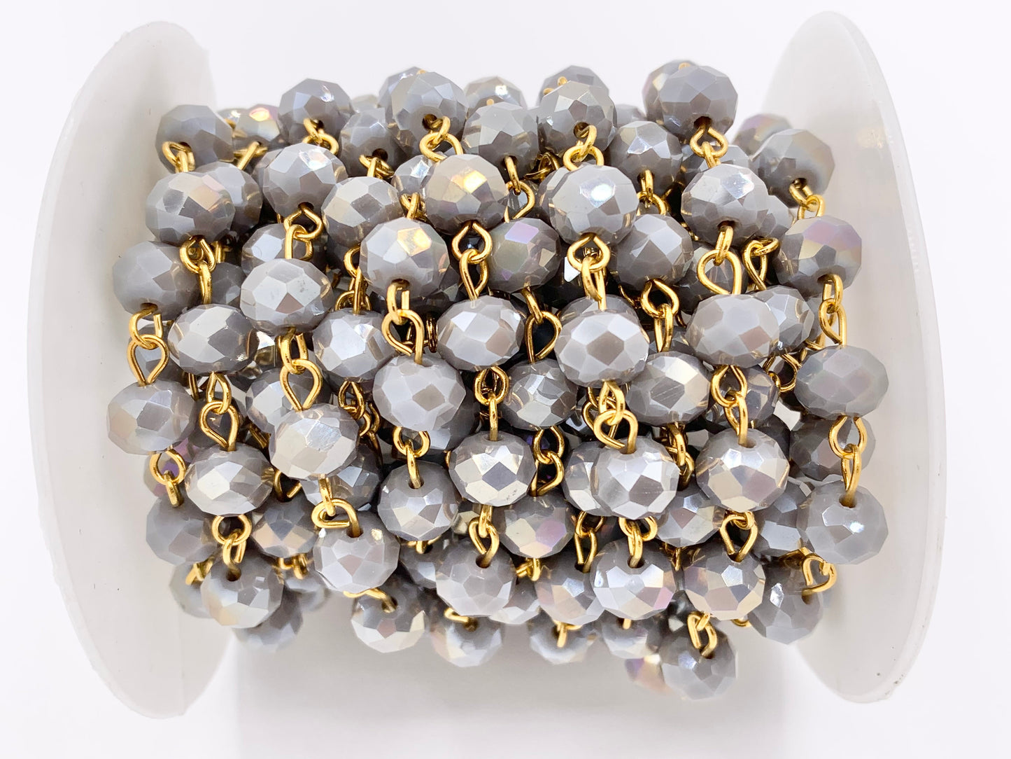Gray AB Crystal Rondelle Faceted Rosary Beaded Chain With Gold Wire By Spool 6mm 8mm
