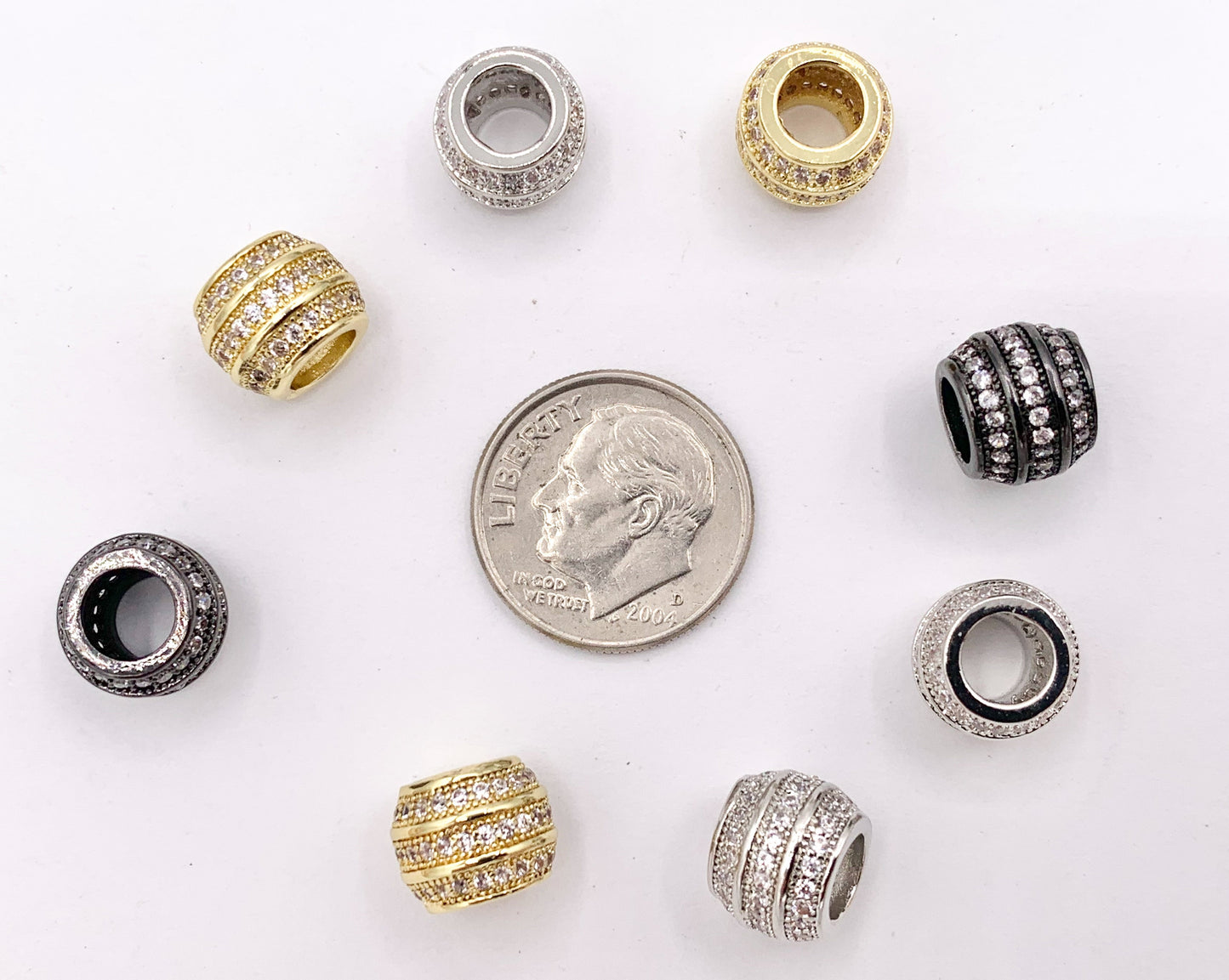 7.5x9mm Barrel Shape Large Hole Spacers Micro CZ Pave Beads in Real 18K Gold/Platinum/Gunmetal Plated Over Copper 8PCS