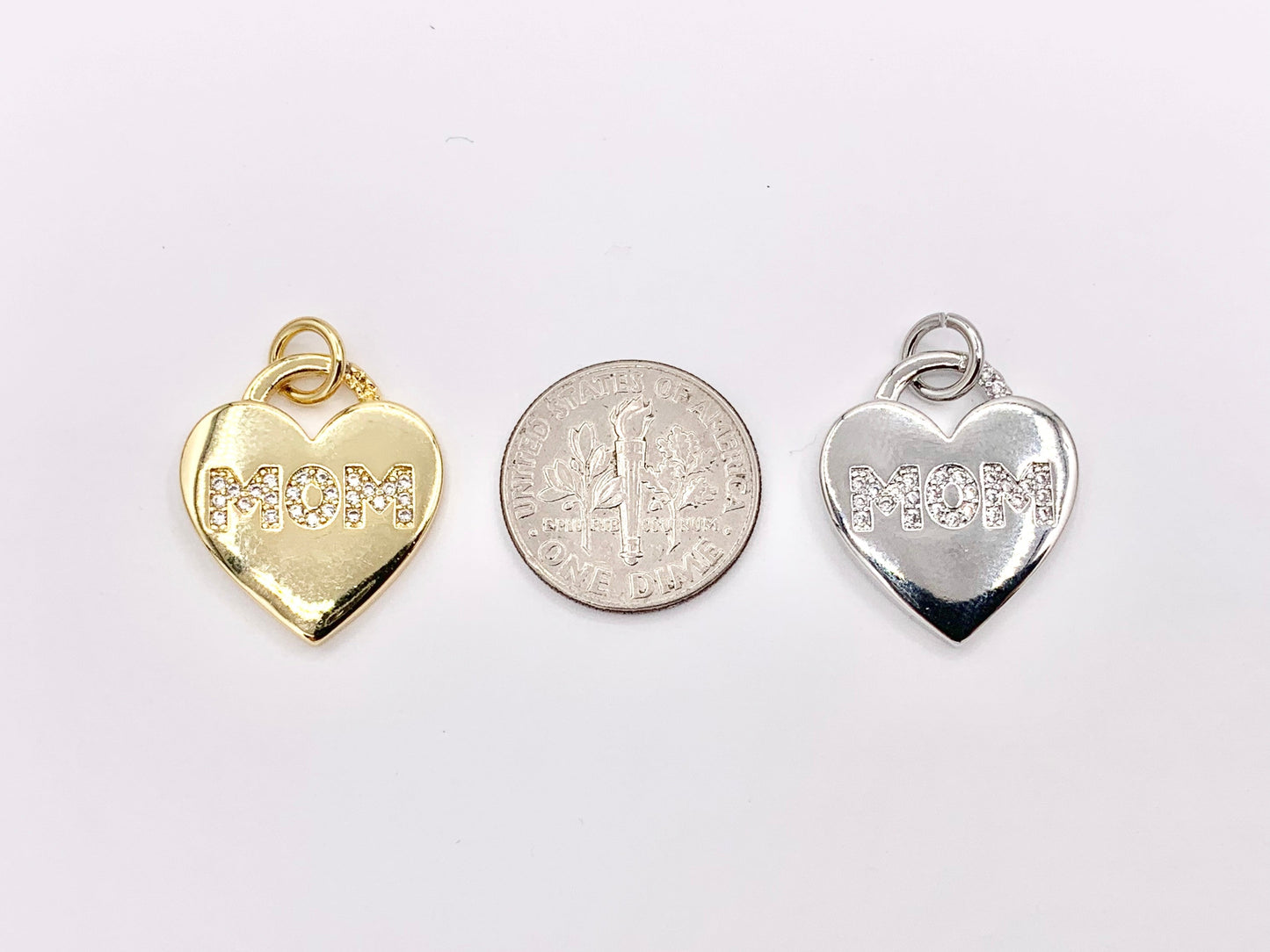 Cute Heart Pendant with CZ MOM Letters One Sided Charms in 18K Gold/Silver Plated Copper Mother's Day Gift For Mom 6 PCS