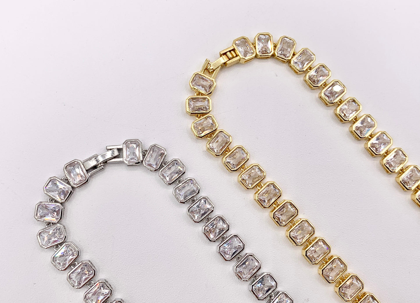 CZ Pave Baguette 16" Necklace / 7" Bracelet Gold/Platinum Plated Copper
