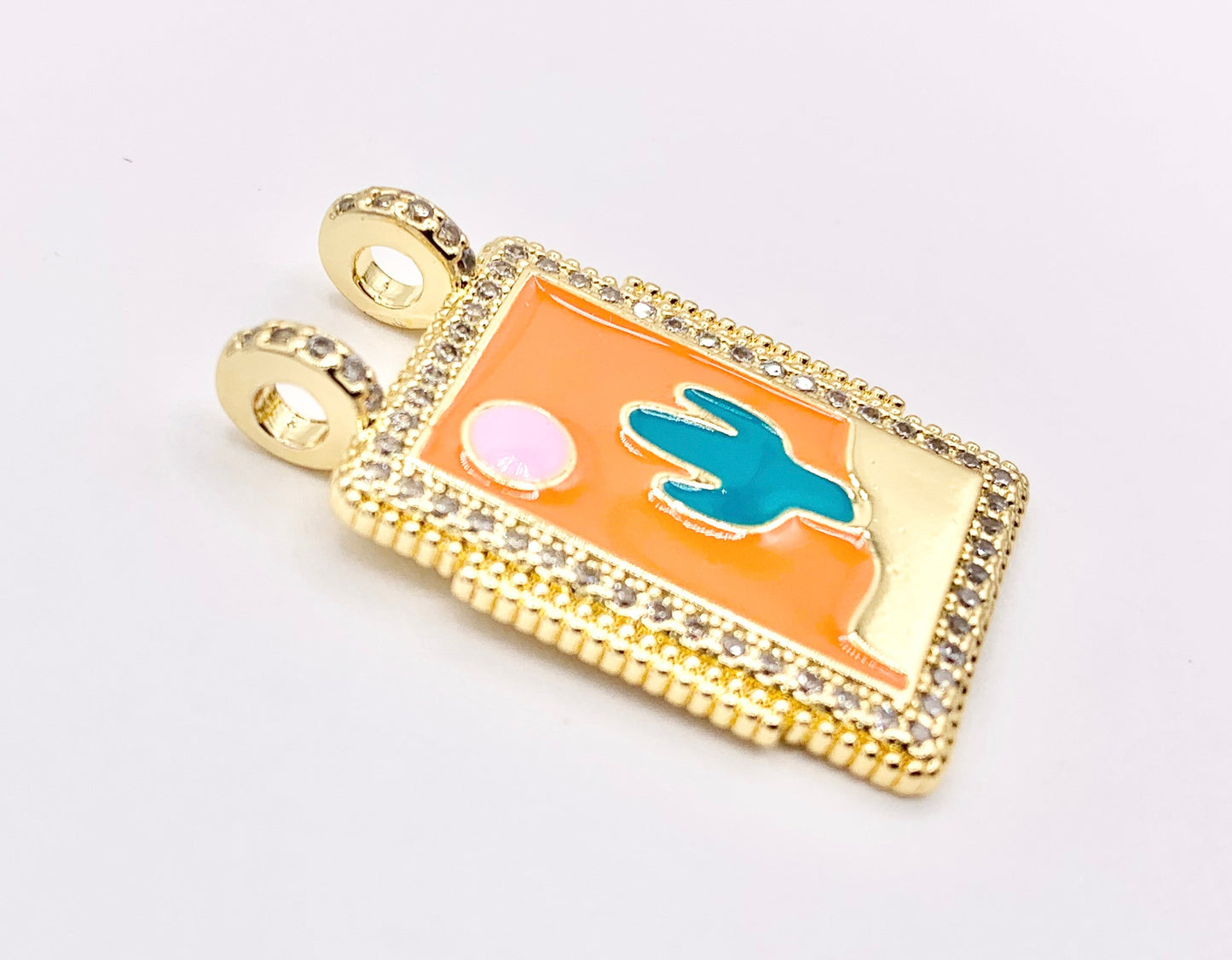 Large Enamel Cactus Rectangle Tag Pendant With 2 Loops in Real Gold 18K Plated Over Copper 5 PCS