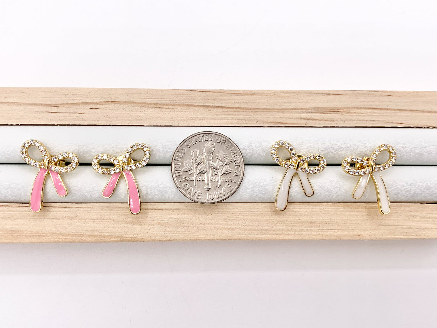 Cute Enamel Bowtie Earring Studs White & Pink Bow Tie Studs in CZ Pave 18K Gold Plated Over Copper Earrings 5 PAIRS