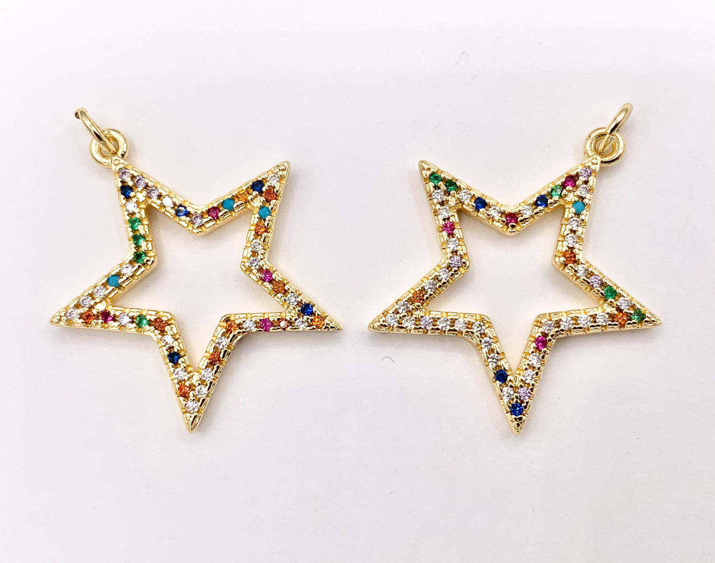 1 Inch Multicolor Hollow Star Charm in Real 18K Gold Plated Over Brass 5 PCS