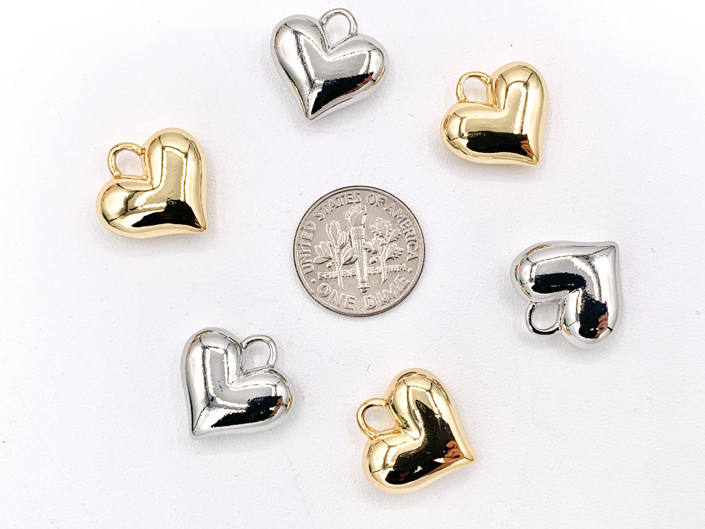 Cute Puffy Heart Pendant Charms in 18K Gold or Silver Plated Copper 6 PCS