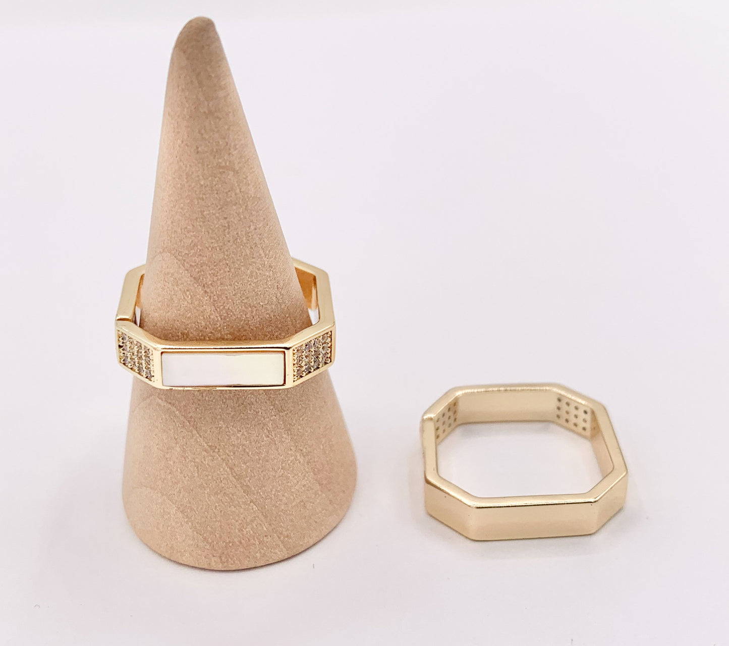 White Shell Banded CZ Pave Square Adjustable Ring in 18K Gold Plated Copper 4 PCS