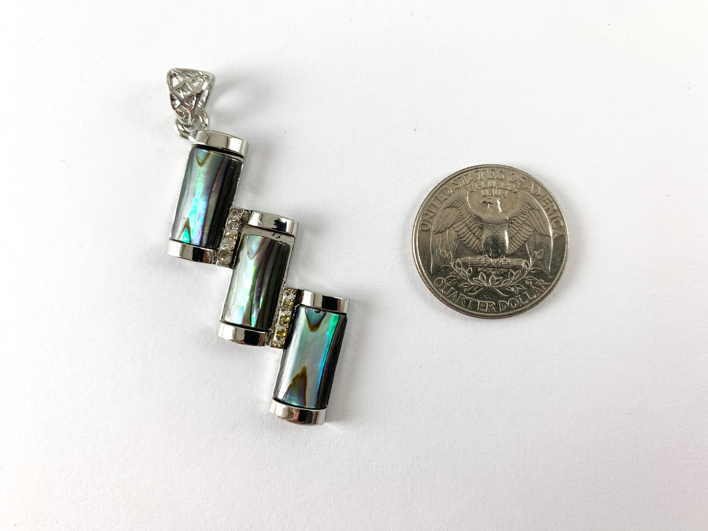 Abalone Shell Triple Bar Rectangle Rhinestone Silver Pendant