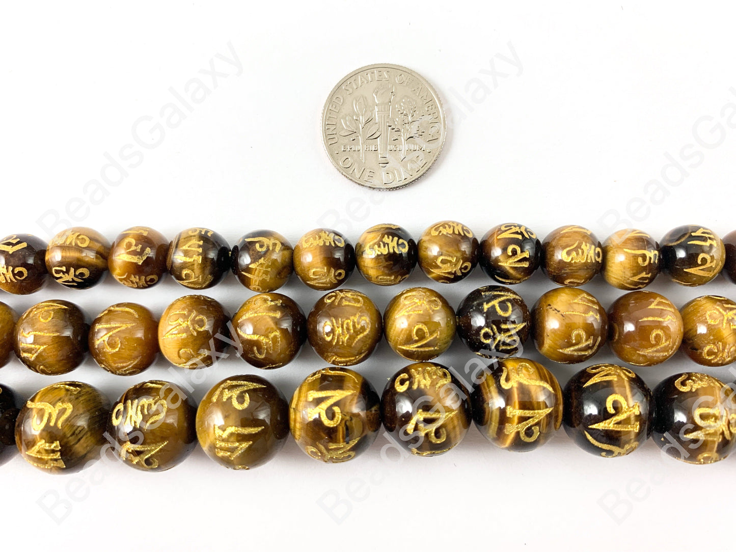 Yellow Tiger's Eye with Gold Powder Tibetan Six Syllable Mantra Hand Carved Round Natural Stone Beads High Quality Stone 8-12mm Around 15"