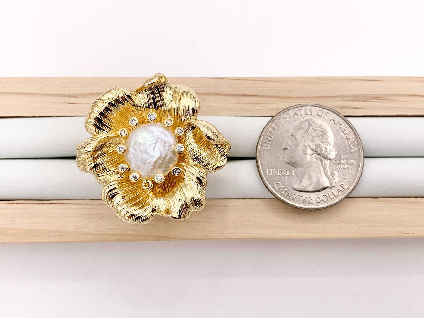 Detailed Flower Freshwater Pearl Rings in 18K Real Gold Plated Copper Adjustable Statement Ring 3 PCS