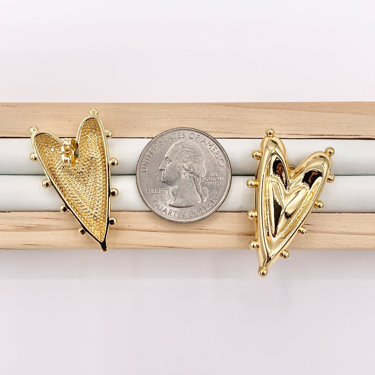 Large Dotted Heart Earring Stud in Real 18K Gold Plated Over Copper 5 PAIRS