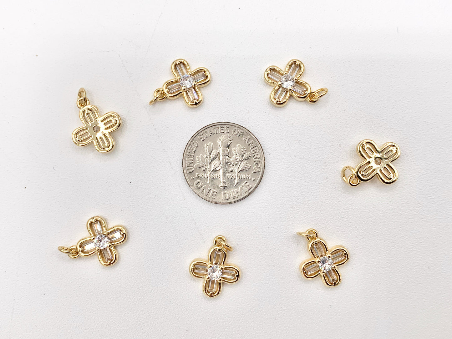 Dainty Mini Flower Quatrefoil Clover Pave Charms in Real Gold 18K Plated Micro CZ Over Brass 10 PCS