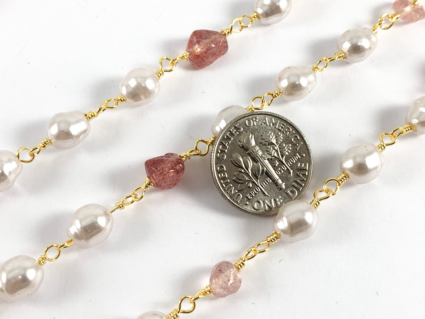 Real Gold 18K Plated Cream Imitation Pearl & Strawberry Quartz Wired Chain For Jewelry Making/Designs 1 Spool