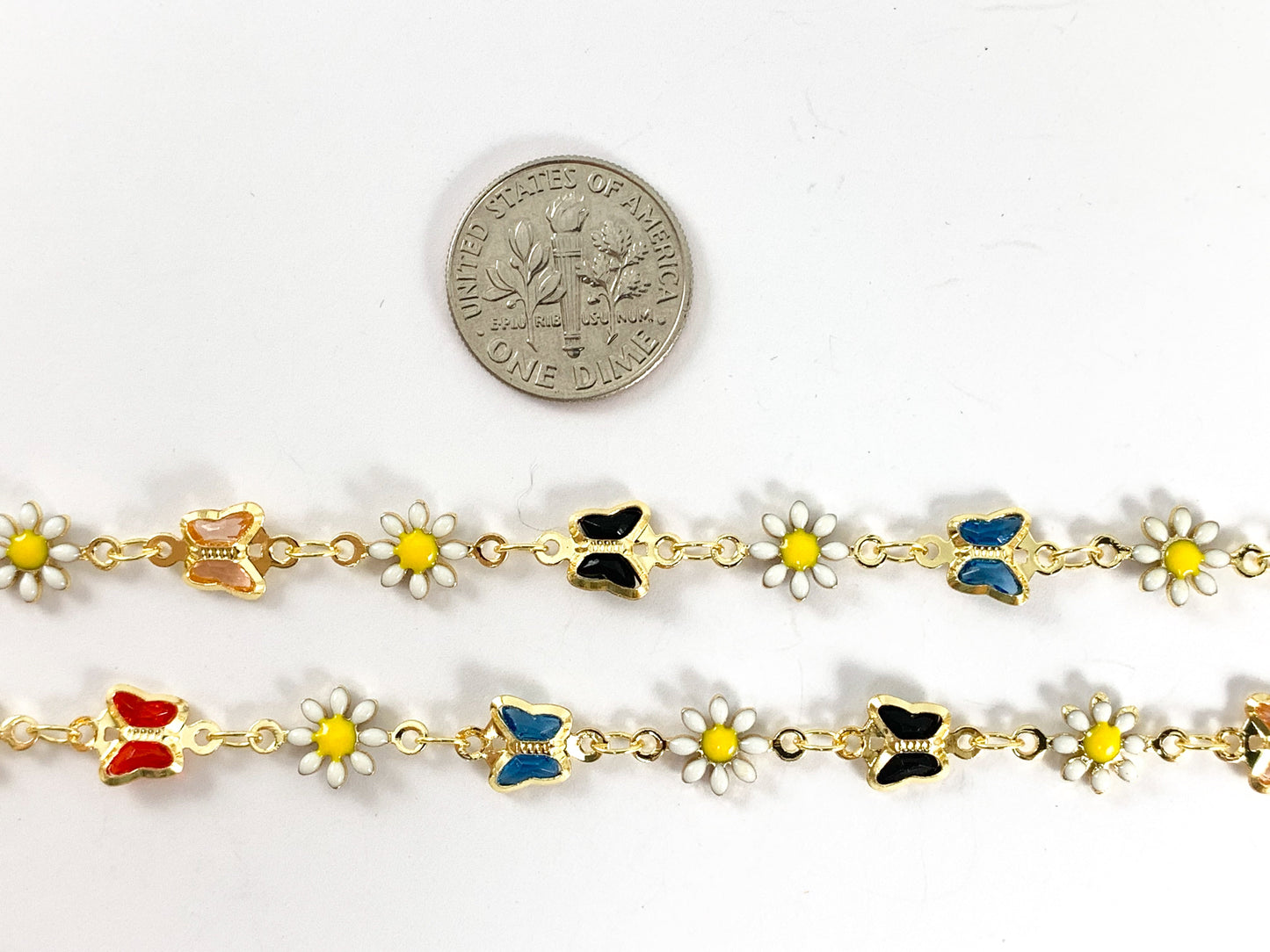 18K Gold Plated Enamel Plated Copper White Daisy Flower with Multicolor Butterfly Chain 1 Spool