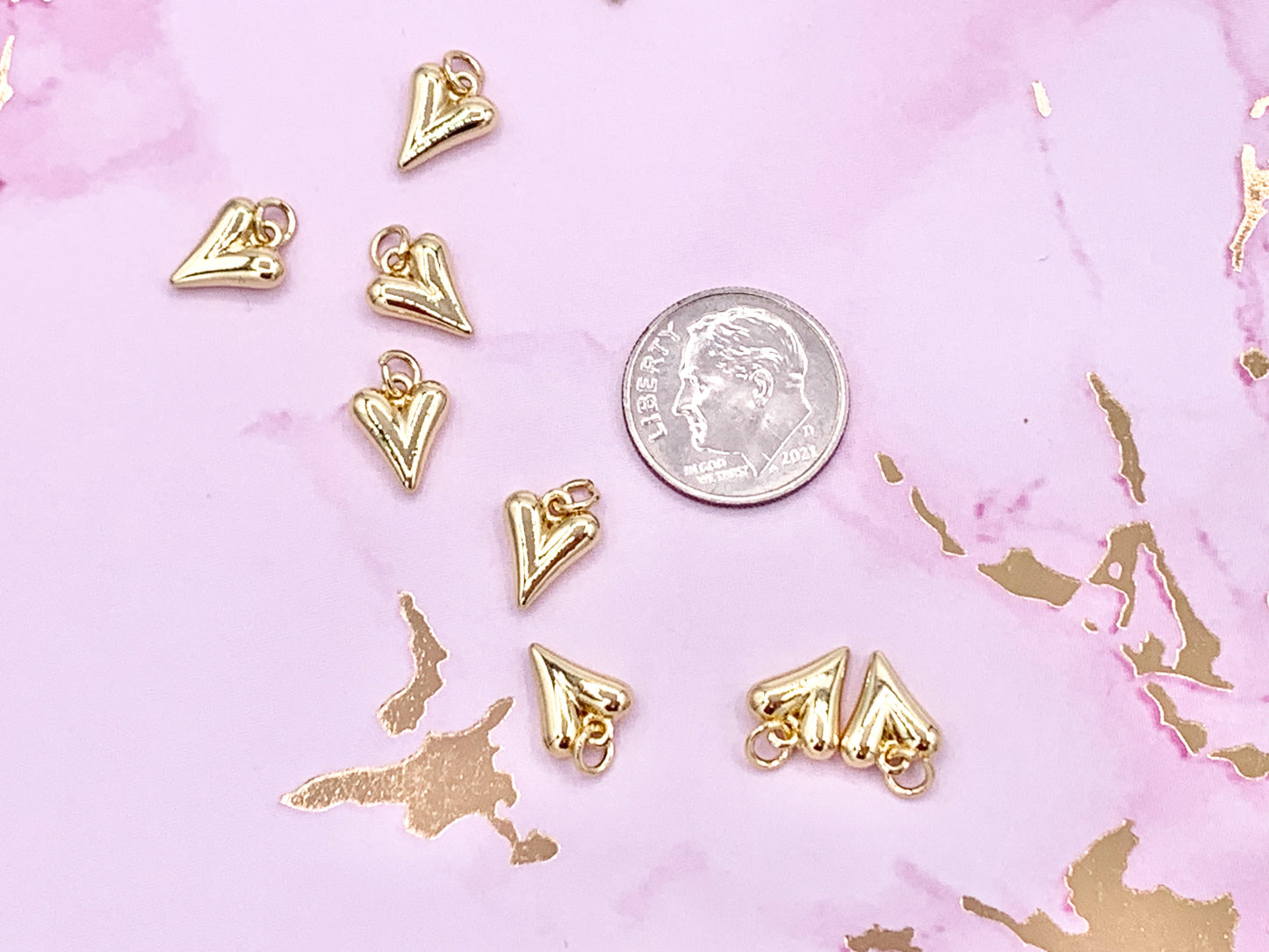 Tiny Cute Heart Charms plated in 18K Gold Copper Base 10 pcs