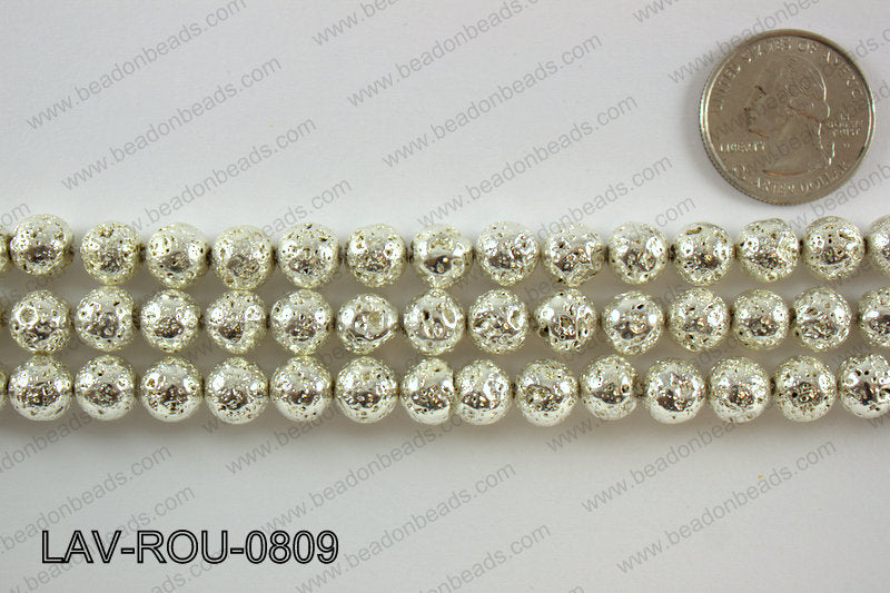 Electroplated Lava Round 8mm, Silver LAV-ROU-0809