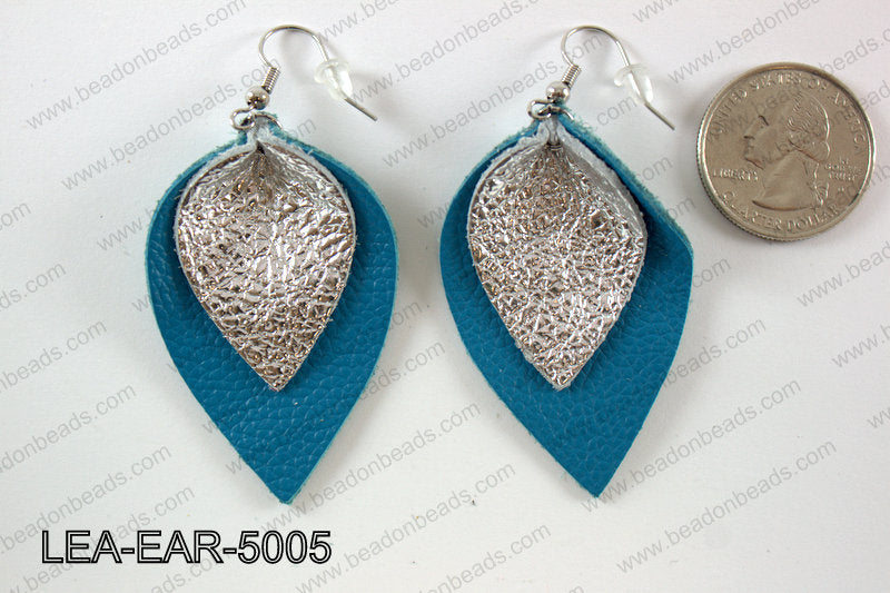 Double Leather leaf earrings 50x32mm LEA-EAR-5005