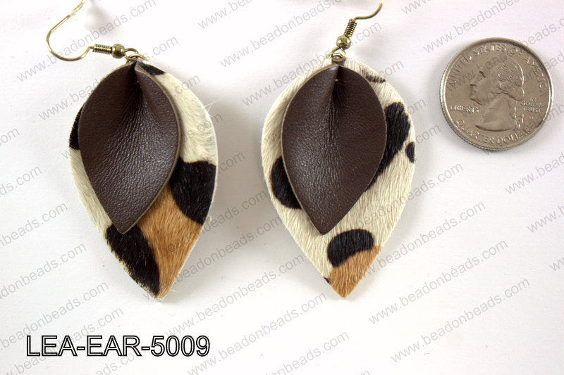 Double Leather leaf earrings 50x32mm LEA-EAR-5009