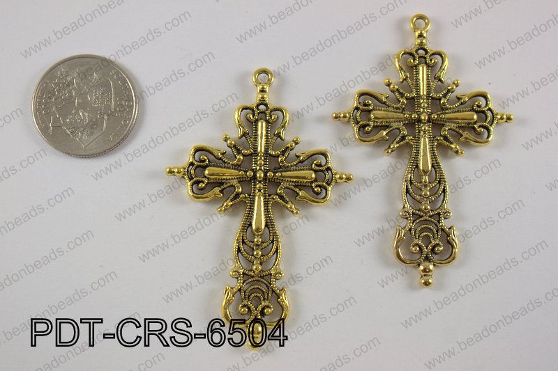 Pewter cross pendant 40x65 mm, gold PDT-CRS-6504