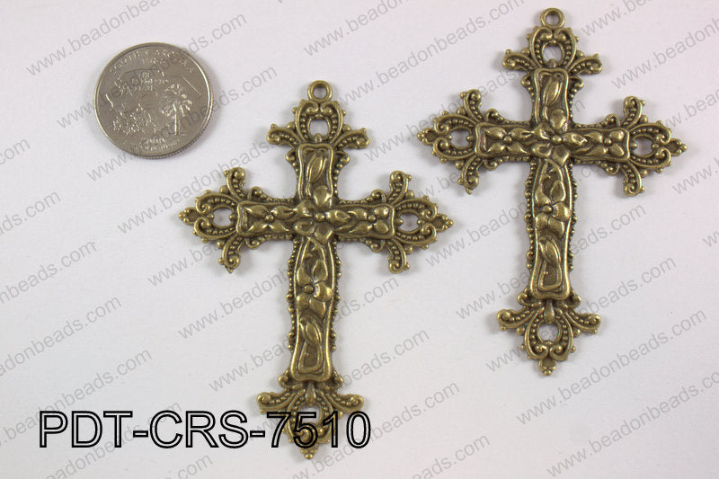 Metal Pendant Cross 75x55mm, brass PDT-CRS-7510