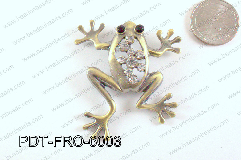 Metal Frog Pendant with Rhinestone Bronze 52x60mm PDT-FRO-6003