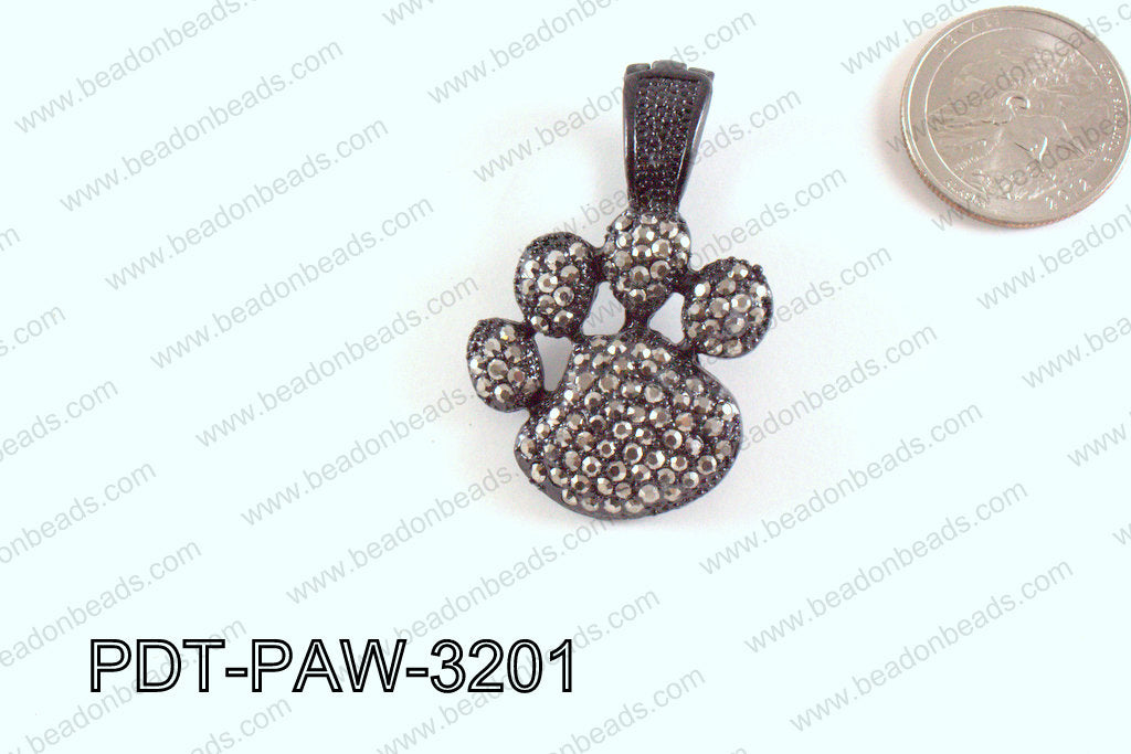 Metal Paw Pendant with Rhinestone Gun Metal 32mm PDT-PAW-3201