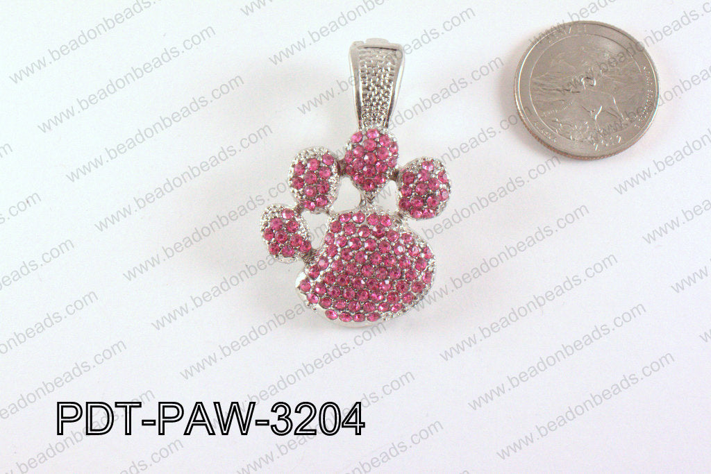 Metal Paw Pendant with Rhinestone Hot Pink 32mm PDT-PAW-3204