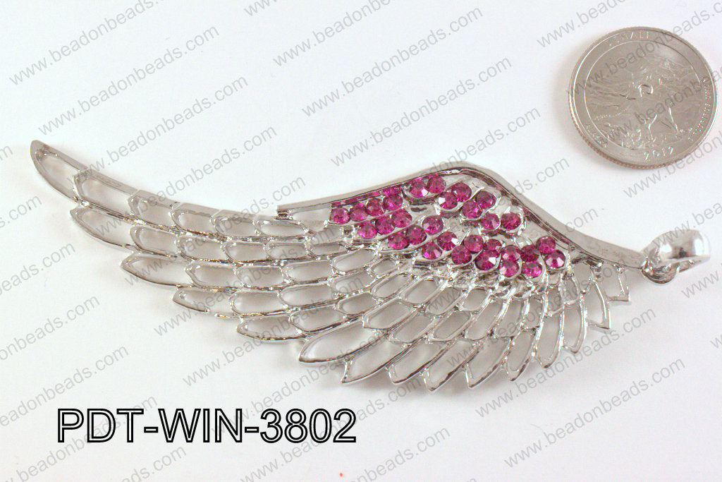 Metal Wing Pendant with Rhinestone Pink 103x38mm PDT-WIN-3802