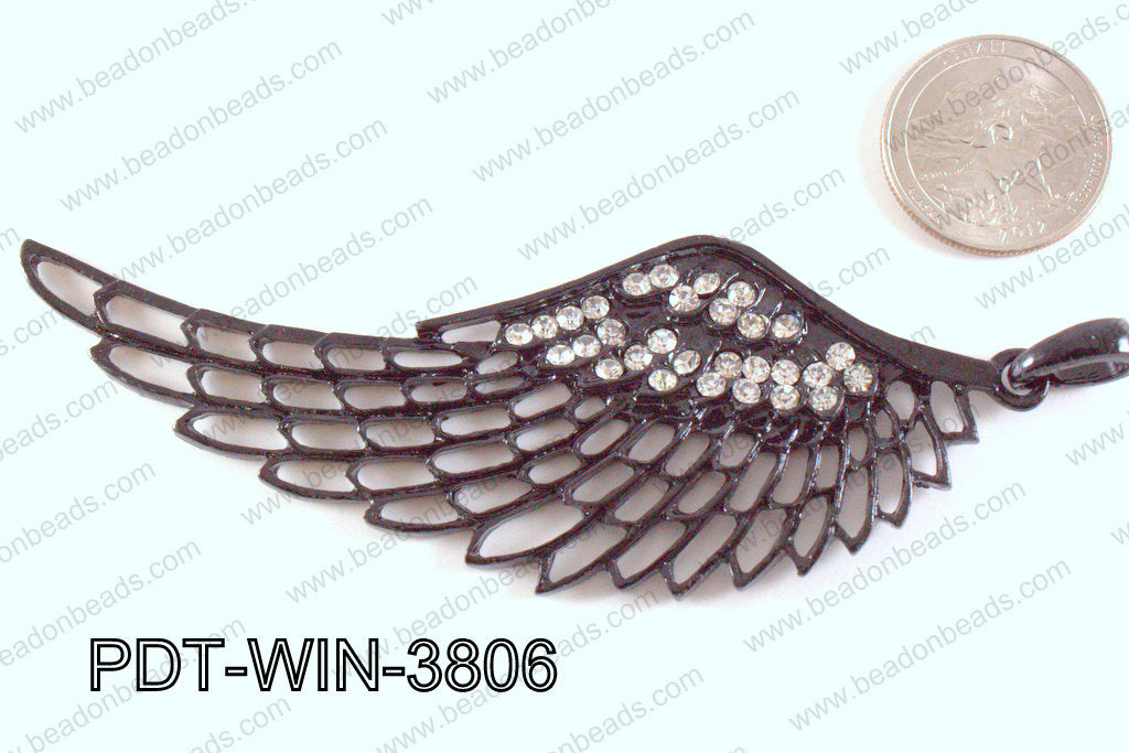 Metal Wing Pendant with Rhinestone Black 103x38mm PDT-WIN-3806