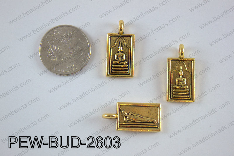 Pewter Thai buddha charm 13x26 mm, gold PEW-BUD-2603