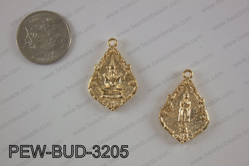 Pewter Thai buddha charm 21x32 mm, light goldPEW-BUD-3205