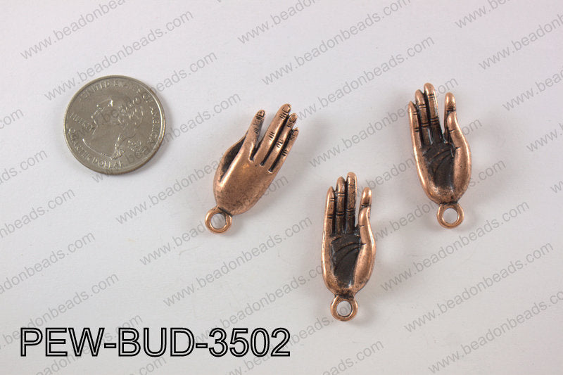Pewter buddha hand charm 12x35 mm, copper PEW-BUD-3502