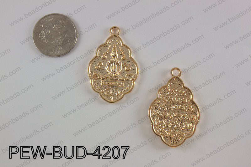 Pewter Thai buddha charm 27x42 mm, light goldPEW-BUD-4207