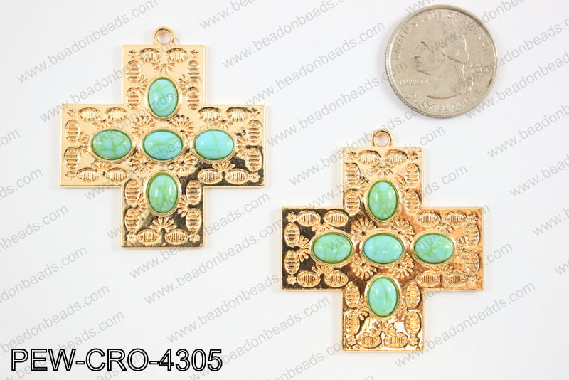 Pewter cross pendant w/ howlite 43x43mm, KC gold PEW-CRO-4305