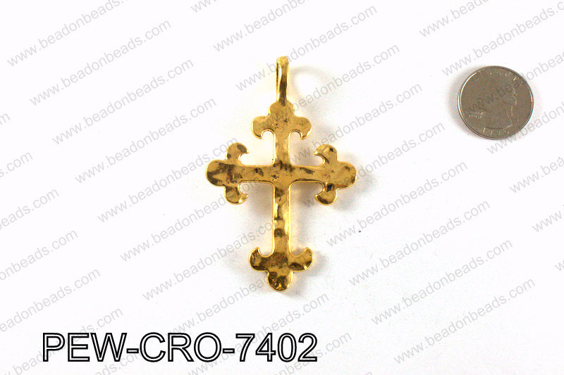Pewter cross pendant 74x47mm, Gold PEW-CRO-7402
