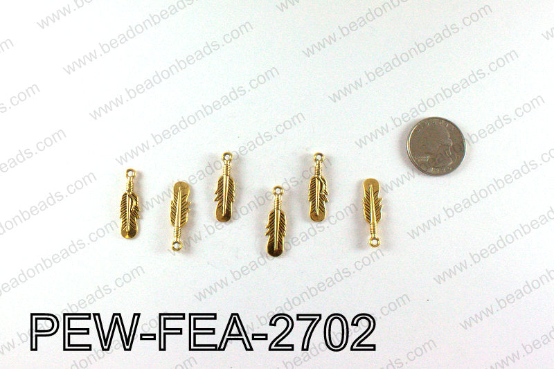 Pewter feather charms 27x8mm, Gold PEW-FEA-2702