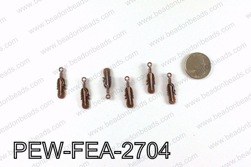 Pewter feather charms 27x8mm, Copper PEW-FEA-2704