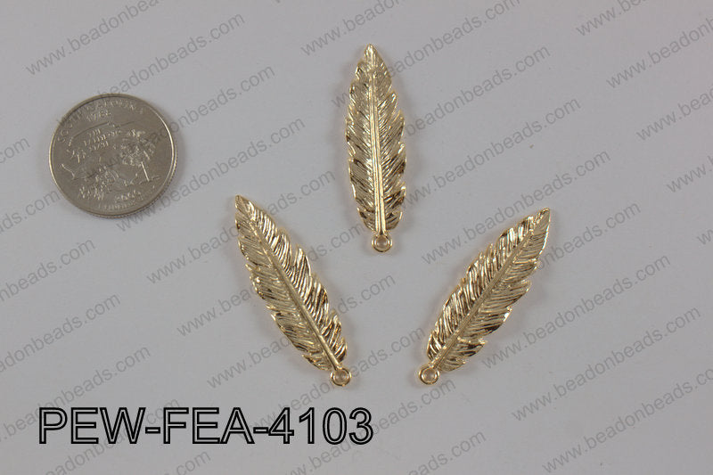 Pewter feather pendant 10x41 mm, rose gold PEW-FEA-4103