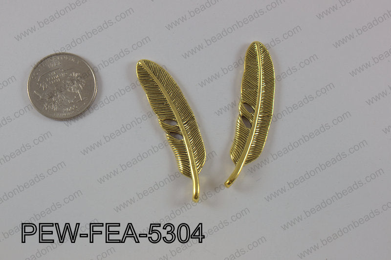 Pewter feather 12x53mm, gold PEW-FEA-5304